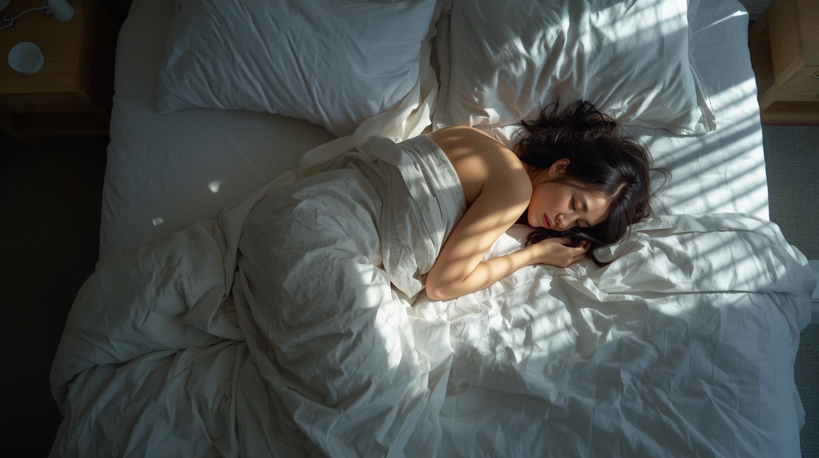 ぎっくり腰で痛む人が横向きに安全な姿勢で寝ている様子を説明したイラスト。整骨院が監修した正しい寝方のイメージ画像。